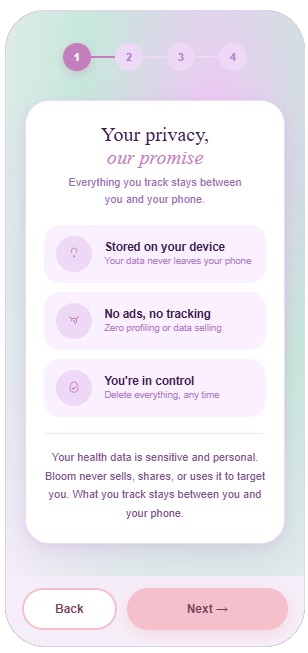 Bloom privacy onboarding screen