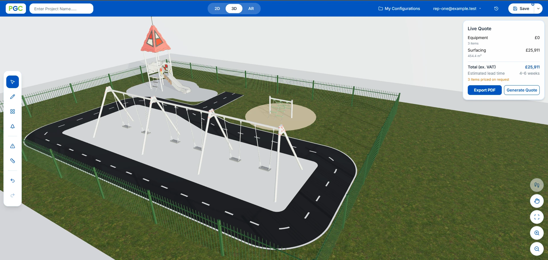 PlayGround Configurator 3D view of a designed playground with swings, slide and climbing frame