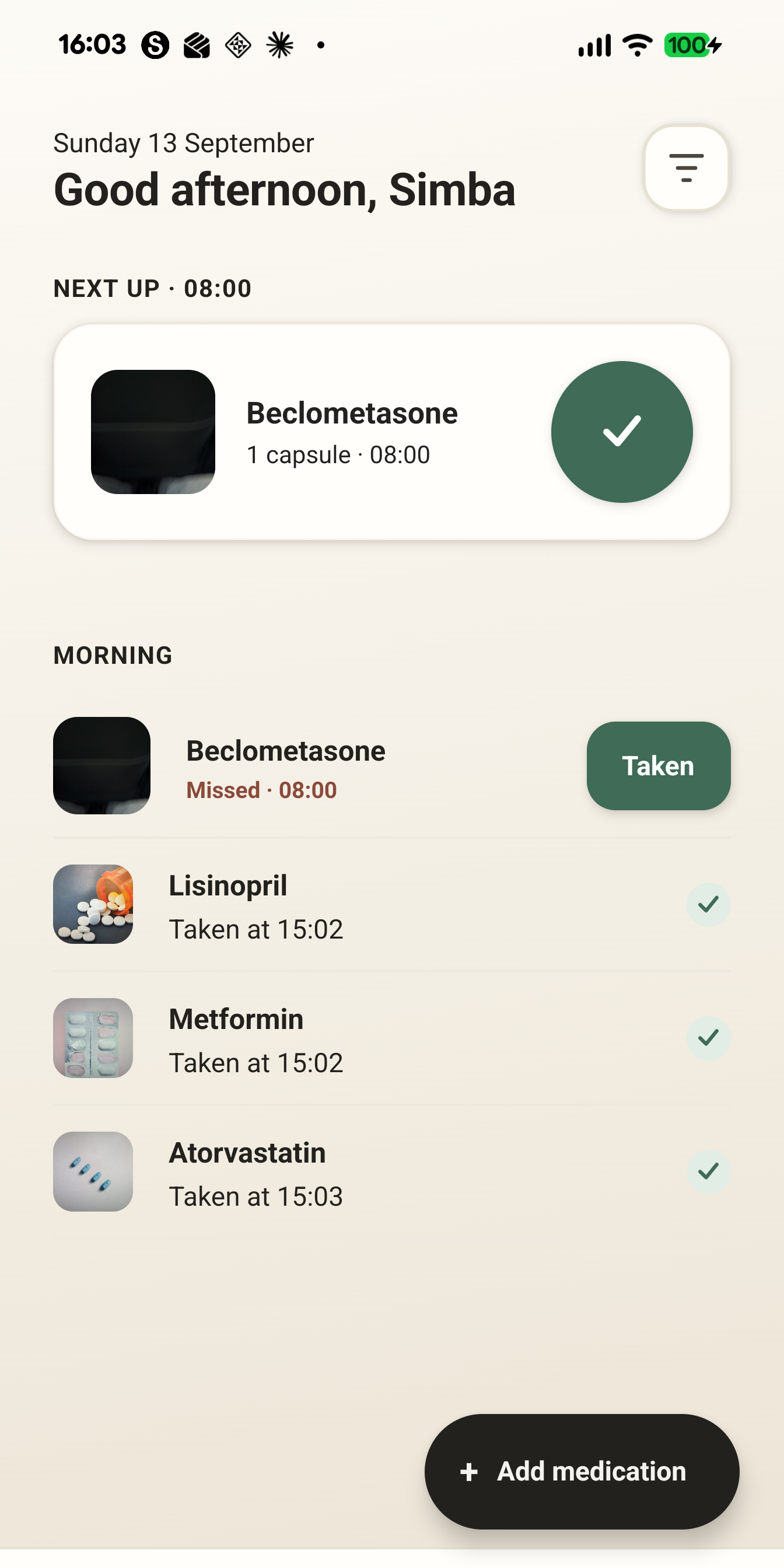RemTab home screen with today's doses
